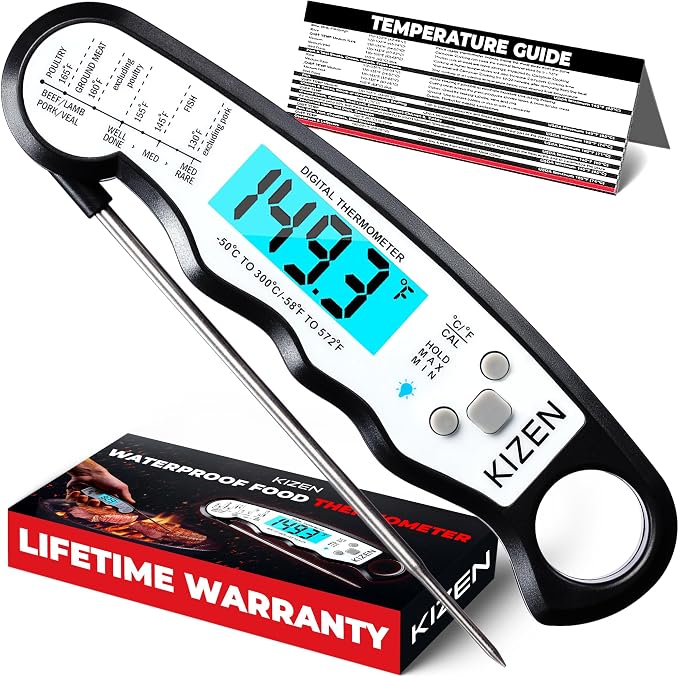 Instant Read Meat Thermometer Digital - Food Thermometer for Cooking, Grill, Oven, BBQ - IP67 Rated Waterproof - Large Backlit Display and Magnetic Back