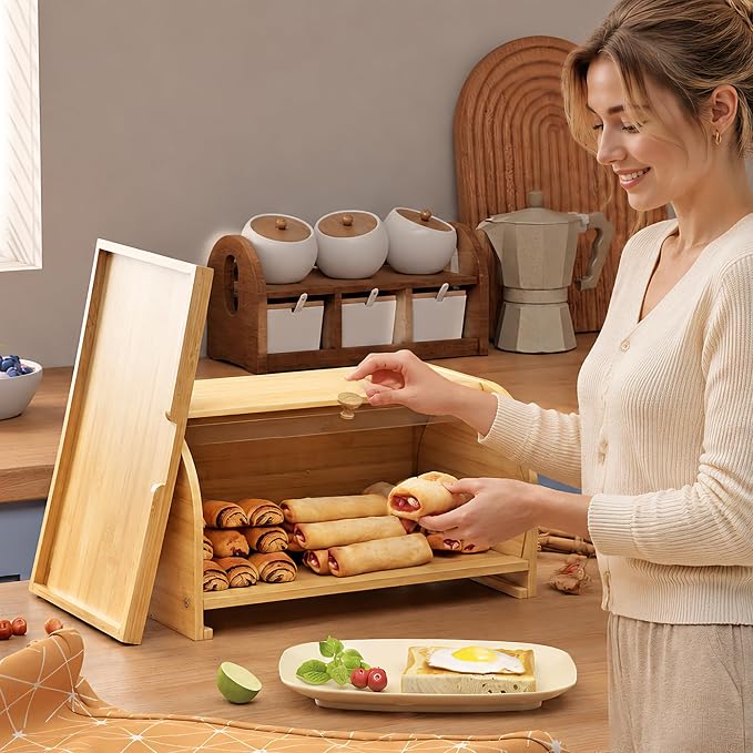 Roll Top Bread Box for Kitchen Countertop with Clear Lid | Natural bamboo, clear roll-top lid. Airtight small breadbox. Includes cutting board. Easy assembly, homemade bread storage