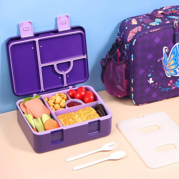 rockpapa Chill Bento Box for Kids- Large 5.5 Cups Lunch Box with Ice Pack - 5 Compartments, BPA-Free, Leak Proof, with Utensils & Portable Handle, Microwave/Dishwasher Safe (Purple Butterfly)