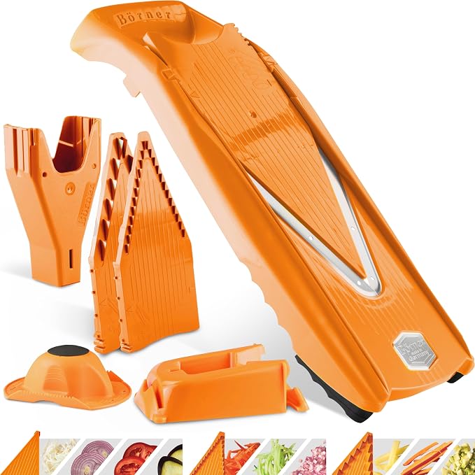 Börner Mandoline Slicer V5 (Professional Set) • Adjustable Vegetable Slicer (7-piece) • 10 Cutting Styles • Kitchen Slicer incl. Docking Station • Stainless Steel V-Blade • Color: Orange
