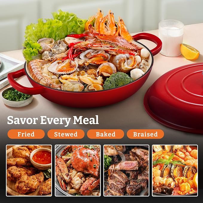 Cast Iron Dutch Oven–3 Layers Enameled Shallow Braiser & Casserole Pot with Lid, Even-Heating, Stovetop & Oven Safe to 500°F, 3.8 Quart for Family & Parties Meals(Red)
