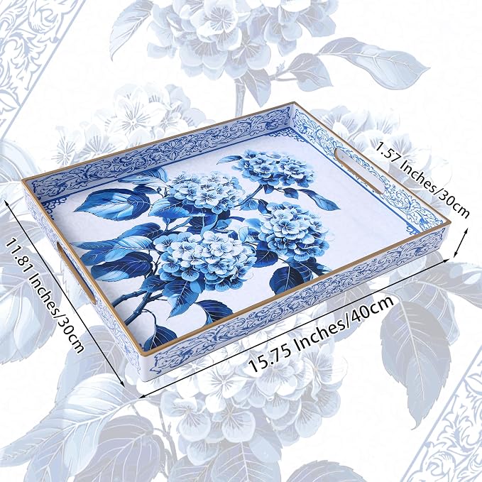 Serving Tray with Handles, Rectangular Plastic Tray 15.75x11.81 Inch, Decorative Tray for Kitchen, Dining Table, Vanity, Office & Home (Blue Hydrangea, 15.8" x 11.8" x 1.6")