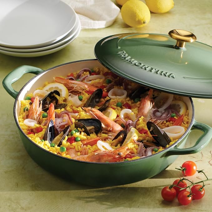 Tramontina Bestow Enameled Cast Iron 4-Qt Braiser Pan with Lid, Cactus | Oven-to-Table Casserole Dish, Great for Shallow Braises & Simmers