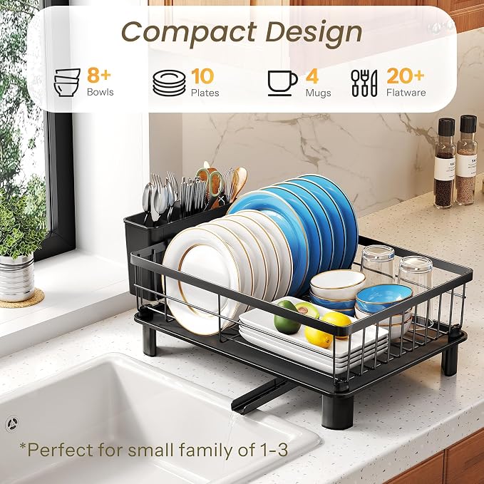 SNTD Dish Drying Rack for Small Kitchen Counter, 11" W x 15" L, Black | Space Saving, Rotating Spout & Angled Drainboard for Quick Drainage, Stainless Steel, Removable Utensil Holder