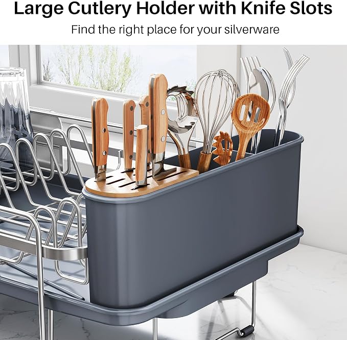 Stainless Steel Dish Drying Rack for Kitchen Counter, Expandable, Silver | Stainless Steel Dish Drainer, Adjustable Length 18.9''-29.3'', Automatic Drainage, 360° Spout, Cutlery Holder with Knife Slot