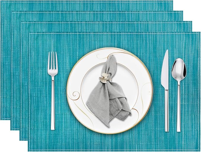 Teal Blue Placemats Set of 4, 12x18 Inch Washable Easy to Clean Heat-Resistant Anti-Skid Teal Blue Placemats for Holiday Party Kitchen Dining Room Decoration