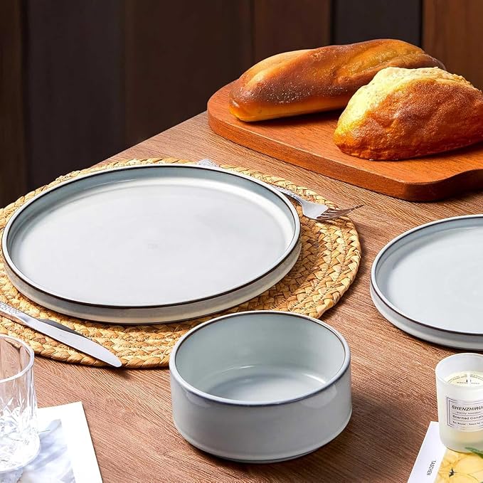 LIANYU 12 Piece Dinnerware Dishes Sets for 4, Stoneware Plates and Bowls | Ceramic Dishware Set for Pasta Dessert Cereal, Rustic Terracotta Bottom, Microwave & Dishwasher Safe, Lucent White