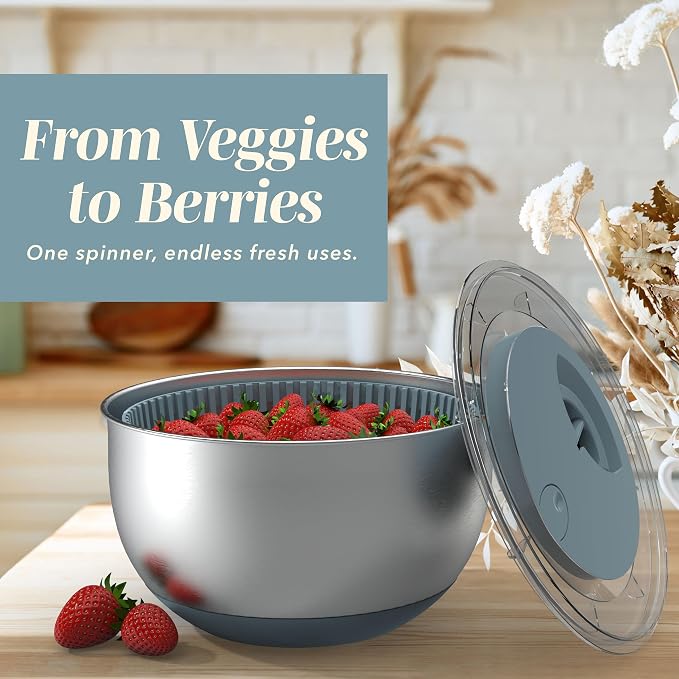 COOK WITH COLOR Stainless Steel Salad Spinner - 5 Qt. Lettuce Washer And Vegetable Spinner Dryer for Easy Salad Prep - Non Slip Base with Pull Handle - Auto Stop Brake System, Stain and Odor Resistant