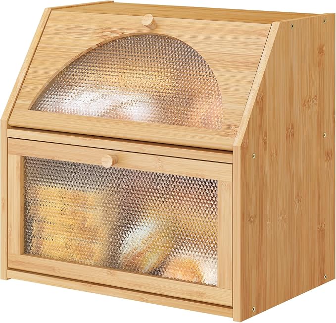 Extra Large Bread Box for Kitchen Counter, Bamboo Wood Double Layer Bread Box for Kitchen Counter, Wooden Capacity Bread Storage Bin