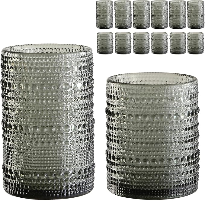 ZMOWIPDL Drinking Glasses Set of 12,Grey 12oz & 15oz Hobnail Glass Cups | Vintage Glassware，Embossed Water Tumbler,for Beer,Cocktail,Whiskey,Juice and Various Mixed Drinks- 1 Cleaning Brush