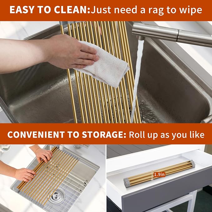 Extra Large Golden Roll-UP Dish Drying Rack-Stainless Steel Dish Drainer Over The Sink for Kitchen Countertop,Applicable for Sink Width Less Than 19in (Gold,20.5'x 13.2')