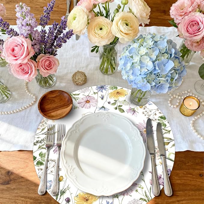 50PCS Floral Paper Placemats Disposable Table Mats, Elegant Flower Wreath Design, Summer Spring Wild Flowers Round Placemats Wedding/Brunch/Bride Party Supplies