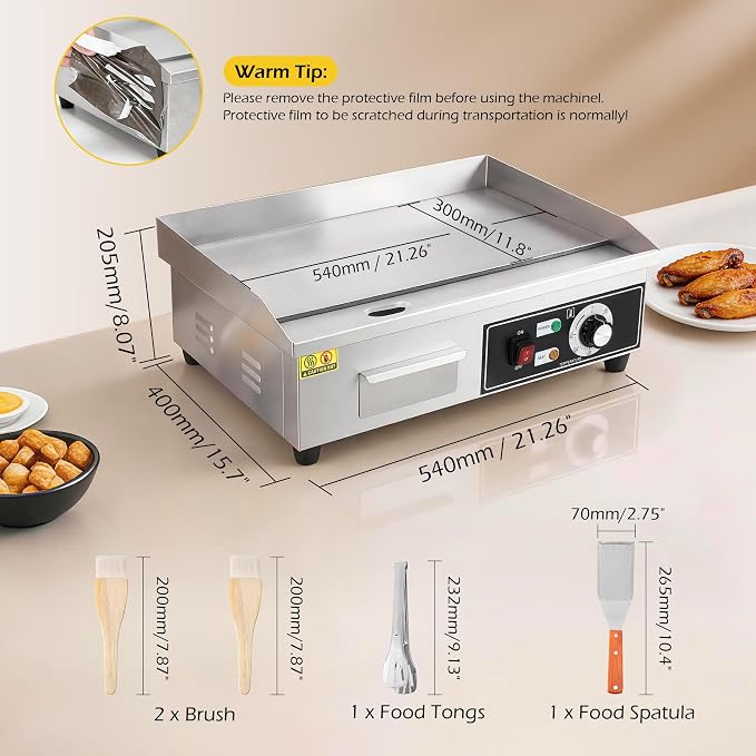Dyna-Living Electric Griddle 22''Flat Top Grill Commercial Teppanyaki Grill | 3000W Countertop Flat Top Griddle Stainless Steel Electric Griddles, Non-Stick, Easy to Clean, 122℉-572℉ Temp Adjustable