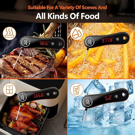 Meat Thermometer Digital, 0.6s Instant Read Cooking Thermometer for Grill | Foldable Probe BBQ Thermometer with LED Display, Auto On/Off & Lock Function for Kitchen, Deep Fry, Roast