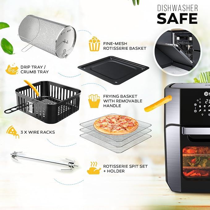 Balter Air Fryer Oven 6-in-1, 13 QT XXL Airfryer, stainless steel, Touchscreen, Rotisserie, Food Dehydrator, Convection Oven, Bake, Broil, Reheat, Windowed Door, Recipe Book
