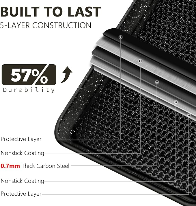 Wildone Baking Sheet Pan Set of 2, Honeycomb Embossed Nonstick Cookie Sheet | Thicker Carbon Steel Jelly Roll Pan Oven Tray 15x10 Inch, Heavy Duty & Easy Clean, Black