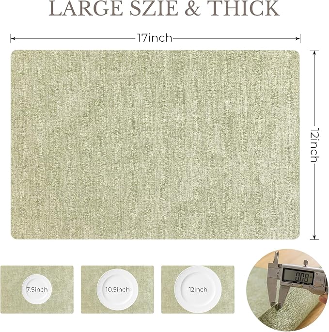 Romanstile Vinyl Placemats Set of 8-12 X 17 Inch - Faux Leather 100% Waterproof Wipeable Anti Slip Place Mats, Heat Resistant Reversible PU Table Mats for Kitchen Dining Party Outdoor, Grass Green