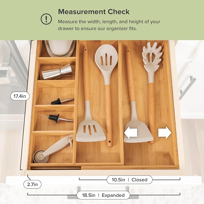 Utensil & Junk Drawer Organizer, 10.5-19 in, Bamboo | Food-safe contract grade, 100% sustainable wood, non-slip, adjustable