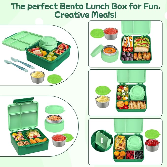 Aimsnk Lunch Box Kids with Thermo Insulated Lunch Bag for School, Green | Bento Lunch Box for Kids with 8oz Food Jar, Leak Proof Hot Lunch Containers with 4 Compartment, Warm Lunchbox for Toddler