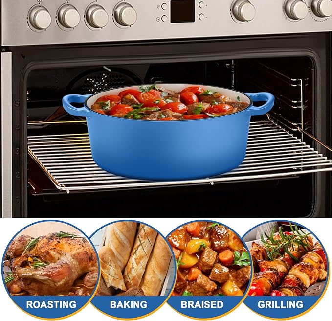 E-far 7QT Oval Dutch Oven Pot with Lid, Enameled Cast Iron Dutch Oven with Dual Handles for Sourdough Bread Baking Cooking, Nonstick Enamel Coated Cookware(Blue), Non-Toxic & Easy Clean