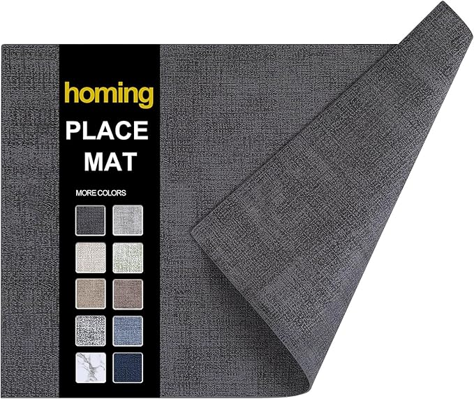 Faux Leather Heat Resistant Placemats 6 Packs, Waterproof Wipeable Dining PU Place Mats for Indoor & Outdoor, Easy to Clean, Charcoal
