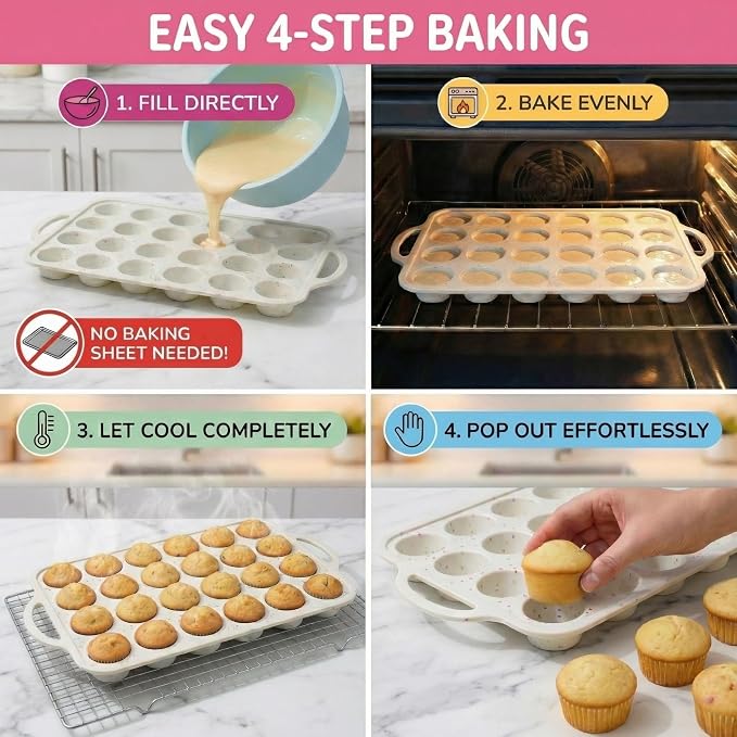 Silicone Mini Muffin Pan, 24 Cup 2 Pack with Metal Reinforced Frame | LFGB Certified BPA-Free Silicone Mini Muffin Pan for Baking with Nonstick Surface for Easy Release.