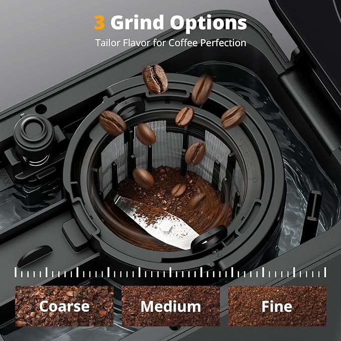 AIRMSEN Grind & Brew Coffee Maker with Built-In Grinder 5-Cup | Drip Coffee Machine with 24H Programmable Timer, 3 Grind Settings, Fresh Ground Coffee Maker for Home & Office