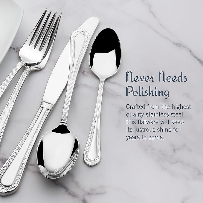 Mikasa Regent Bead 65-Piece Flatware Set for 12, 18/10 Stainless Steel Silverware with Beaded Teardrop Handles, Includes Serving Utensils, Dishwasher Safe (Pack of 2)