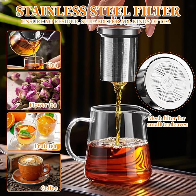 Glass Teapot with Stainless Steel Infuser, Borosilicate Tea Kettle, Clear Tea Maker for Loose Leaf Tea (950ML)