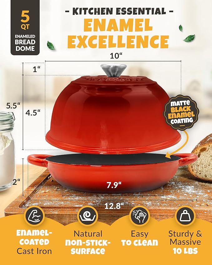 5 QT Cast Iron Bread Pan with Dome Lid for Artisan Bread Baking | Dome Lid Traps Steam for Crisp Crust, Bread Proofing Basket, Scoring Tool, Dough Whisk, Bread Sling & Instructions Included