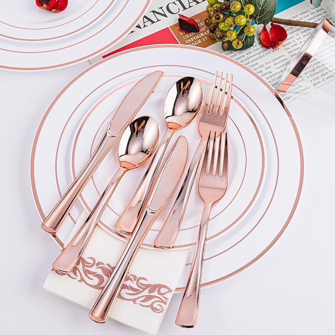 300PCS Rose Gold Plastic Silverware, Disposable Cutlery & Utensils | Heavy Duty Flatware, 100 Forks, 100 Spoons, 100 Knives, for Party, Wedding & Everyday Use