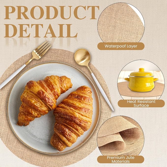 12 Pcs Round Burlap Placemats Bulk 11.8 Inch Reusable Jute Placemats, Rustic Round Charger Plates Bulk for Wedding Dinner Party Table Decorations