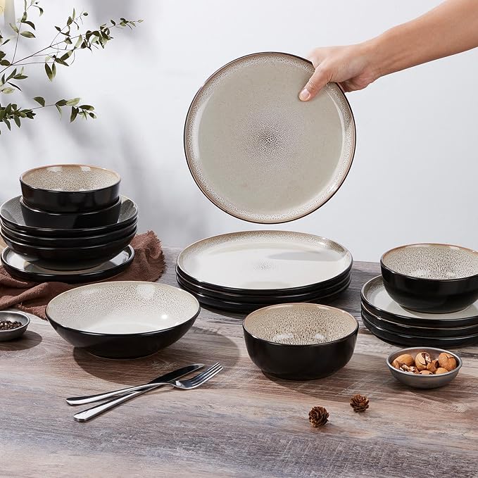 LIANYU 16 Piece Dinnerware Sets with Double Bowls for 4, Tidal Khaki | Modern Ceramic Plates and Bowls Set, Kitchen Round Dinning Ware Dishware Set, Microwave and Dishwasher Safe