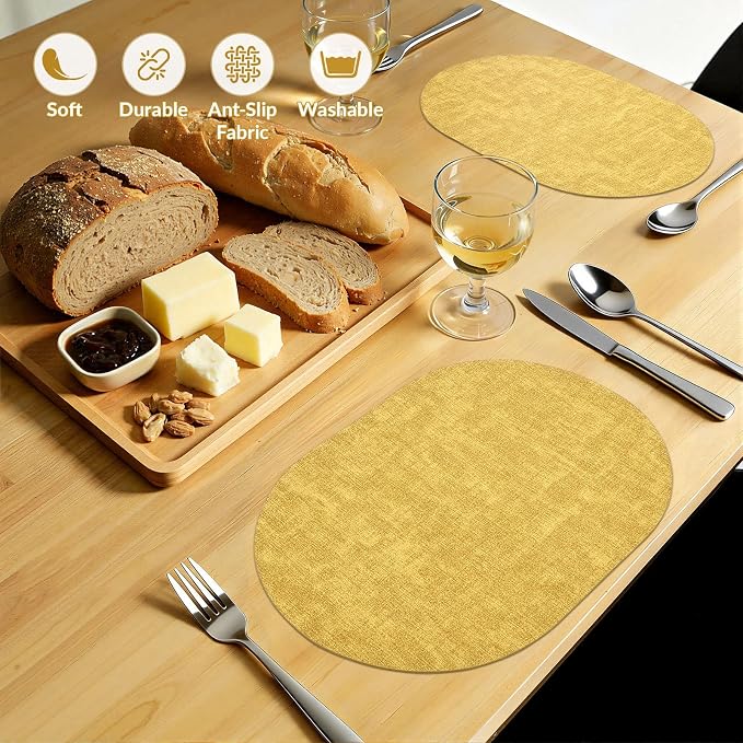 Placemats Set of 4, 11.8 x 17 Inch, Yellow | Heat Resistant Oval Faux Leather Place Mats, Waterproof Wipeable Reversible PU Placemat, Indoor & Outdoor