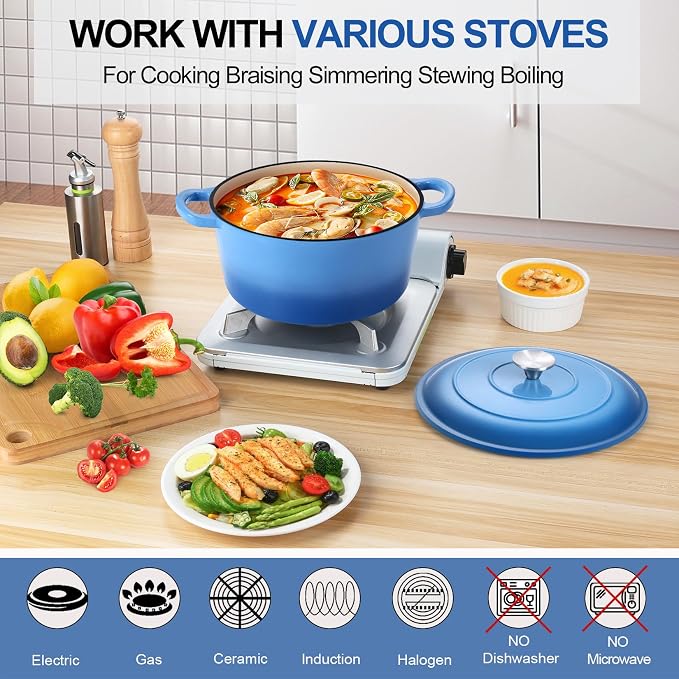 P&P CHEF 5QT Enameled Dutch Oven, Dutch Oven Pot for Bread Baking, Blue | 5 Quart Enameled Cast Iron Casserole Pot with Lid, for Roasting Braising Stewing Frying Simmering, Work on Various Stoves