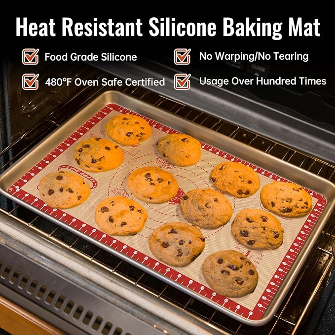 Silicone Baking Mat with 10 Recipes, Extra Thick Silicone Mats for Baking, Non Stick Pastry Mat for Rolling Dough, Silicone Macaron Baking Mat for Cookie,Bread,Pizza,Fondant Mat, Oven&Dishwasher Safe