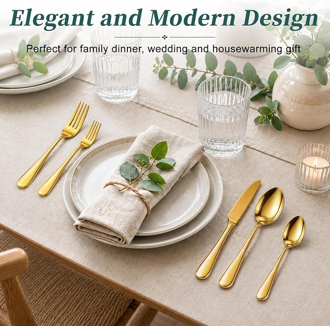 45-Piece Silverware Set with Organizer, Stainless Steel Flatware Set for 8 | Gold Cutlery Utensil Sets, Includes Forks, Knives, Spoons & Serving Utensils, for Dining, Entertaining & Housewarming