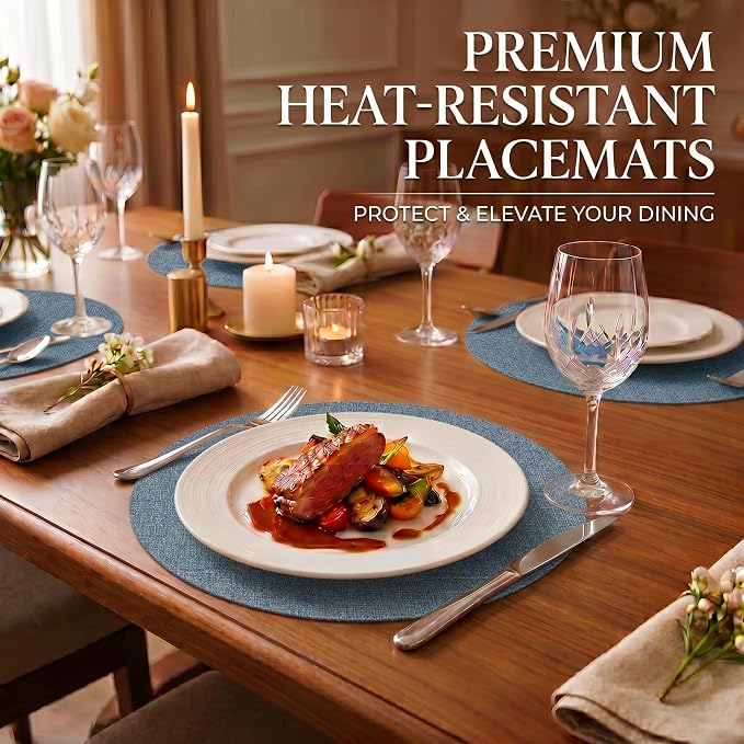 Faux Leather Placemats Set of 4, Wipeable Waterproof Stain Resistant Table Mats, Heat Resistant Thick Placemats with Hand-Painted Edges for Kitchen Dining, Imitative Linen Texture, Various Shapes