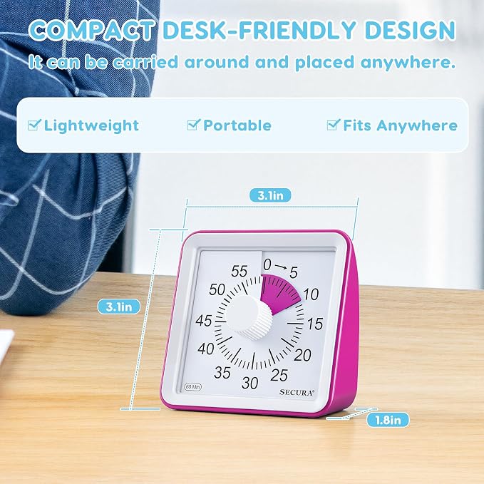 Secura Visual Timer for Kids, 60 Minute Classroom Countdown Timer for Study | Non-Ticking, Adjustable Alarm Volume/Duration, Low Power Reminder, Time Management Tool for ADHD (Violet & Violet)