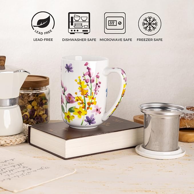 GBhome Tea Mug with Infuser and Lid,18 Ounce Ceramic Loose Leaf Cup Steeper | Lead-Free Glaze For Tea Lovers,Microwave & Dishwasher Safe with Tea Strainer