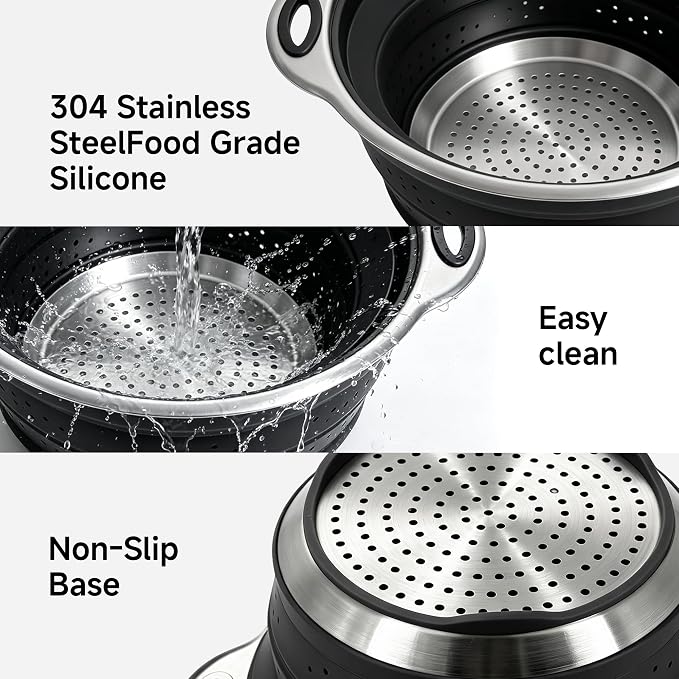 Mejoncb Collapsible Colander – Platinum Silicone Strainer with Stainless Steel Base, BPA-Free & Heat Resistant Kitchen Drain Basket (Black)