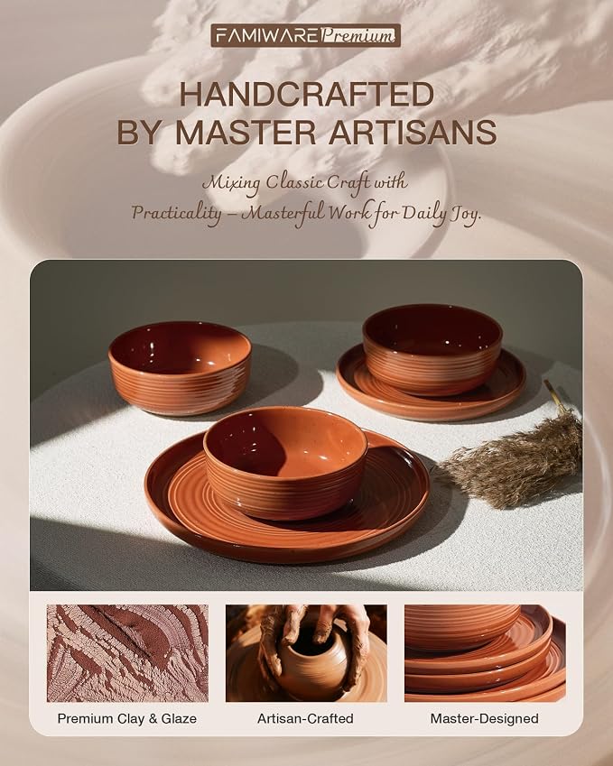 Dinnerware Set for 6, Ceramic Plates and Bowls, Terracotta | 18-Piece Ceramic Speckled Spiral Dishes, Chip & Scratch Resistant, Microwave & Dishwasher Safe, Everyday Use, Farmhouse Style