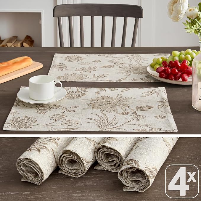 JINCHAN Sliva Linen Floral Placemats Set of 4 Farmhouse 13x19 Inch Taupe | Fabric Placemats, Cottage Style, Painterly Floral Pattern, Machine Washable, Easy to Store, Reusable