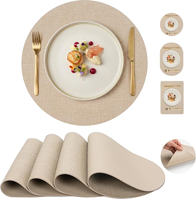 Faux Leather Placemats Set of 4, Wipeable Waterproof Stain Resistant Table Mats, Heat Resistant Thick Placemats with Hand-Painted Edges for Kitchen Dining, Imitative Linen Texture, Various Shapes