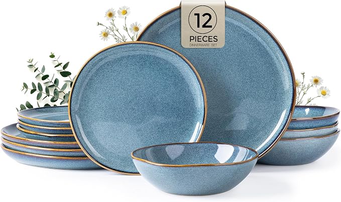 AmorArc Ceramic Dinnerware Sets for 4, 12Pcs Plates and Bowls Sets Dishes | Stoneware Handmade Reactive Glaze Dinner Set, Highly Scratch Resistant | Dishwasher & Microwave Safe Dishware