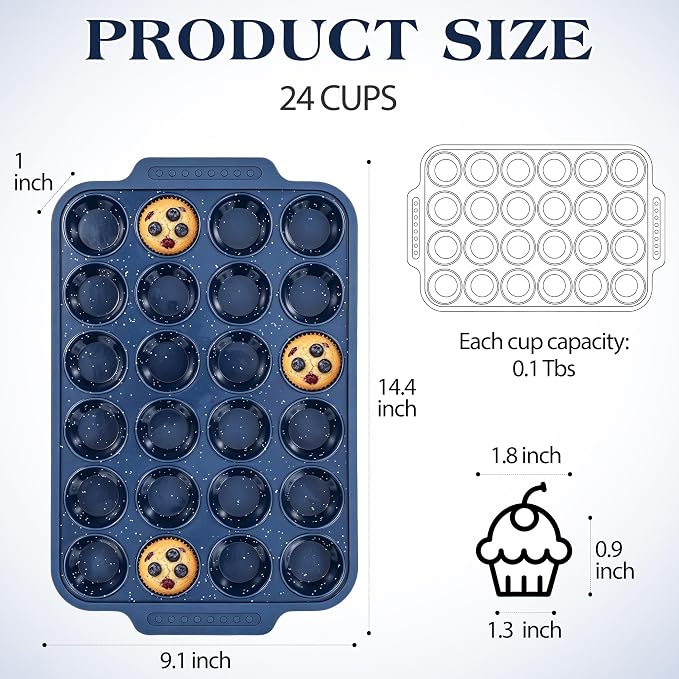 Silicone Muffin Pans for Baking with Metal Reinforced Frame | Nonstick 24-Cup Mini Size Cupcake Tray for Egg Bites, Muffins & Cupcakes, Dishwasher Safe, Titan Blue, Set of 2