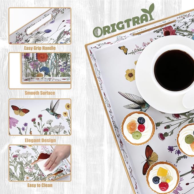 Serving Tray with Handles, Rectangular Plastic Tray 15.75x11.81 Inch, Wildflower, Butterflies & Hummingbirds Style Decorative Tray for Kitchen, Dining Table, Vanity, Office & Home