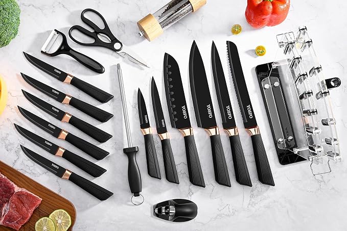 Kitchen Knife Set with Block, Knives Set with Acrylic Stand, 17Pcs Stainless Steel Cutlery Knife Block Set includes Serrated Steak Knives Set, Chef Santoku Knives, Scissor, Sharpener and Holder