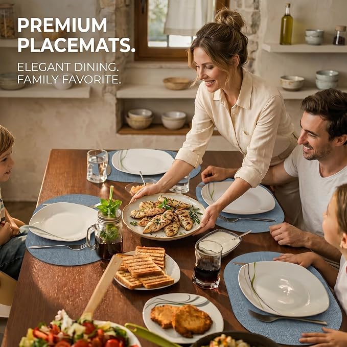 Faux Leather Placemats Set of 6, Wipeable Waterproof Stain Resistant Table Mats, Heat Resistant Thick Placemats with Hand-Painted Edges for Kitchen Dining, Imitative Linen Texture, Various Shapes