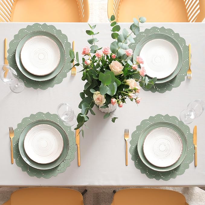 MCEAST 100 Pack Round Sage Green Paper Doilies 13.5 Inches Lace Paper Place Mats Rustic Scallop Doily Disposable Table Pads for Food Cakes Crafts Party Weddings Tableware Decor